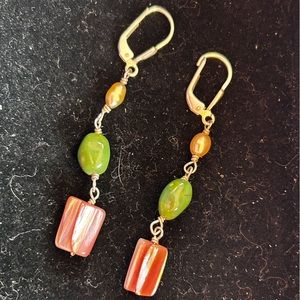 hanging earrings with pearl, green turquoise and rose stones